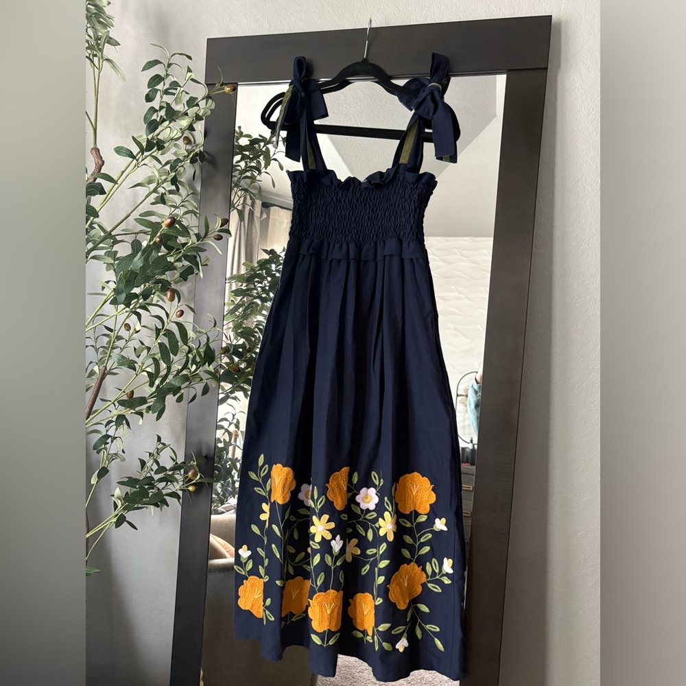 Mi Golondrina Navy Dress with Yellow Floral Accents